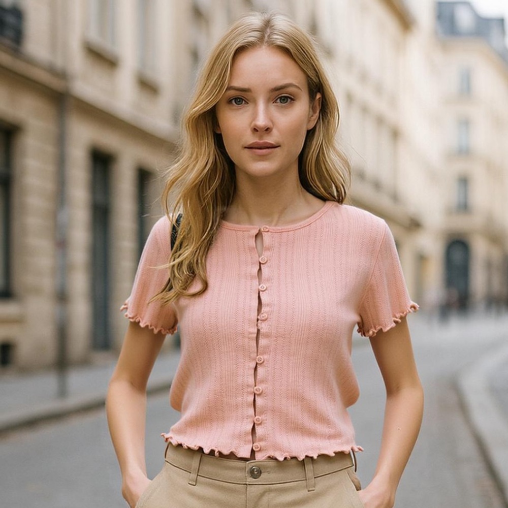 J. Crew Light Pink Ruffle Hem Front Buttons Women's Crewneck Top